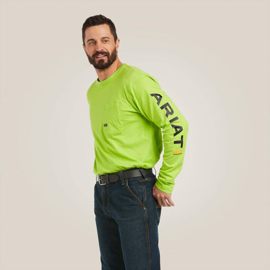 ARIAT 10037406 MENS REBAR WORKMAN LOGO LONG SLEEVE T-SHIRT LIME HEATHER/BLACK