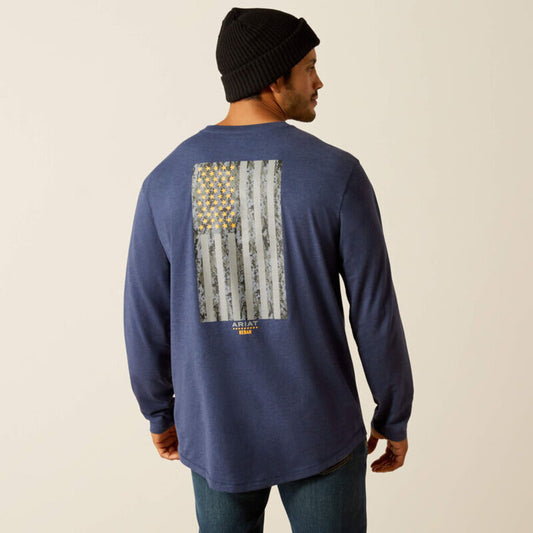 10052709 MENS REBAR WORKMAN REFLECTIVE FLAG GRAPHIC LONGSLEEVE T-SHIRT - NAVY HEATHER