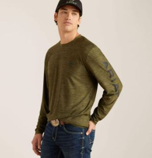 ARIAT 10040993 MEN'S CHARGER LOGO LONG SLEEVE T-SHRT OLIVE HEATHER